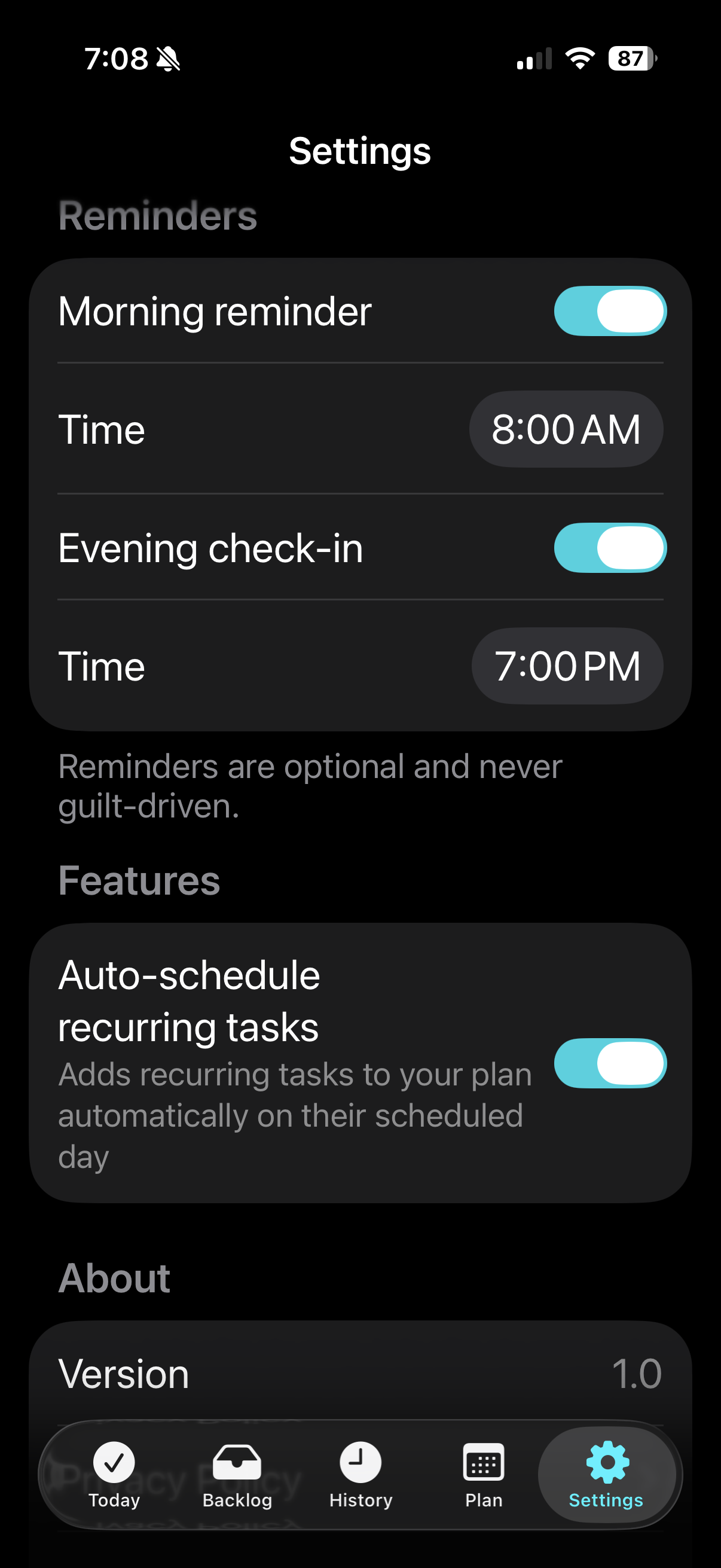 Just Do Three app – settings and preferences on iPhone